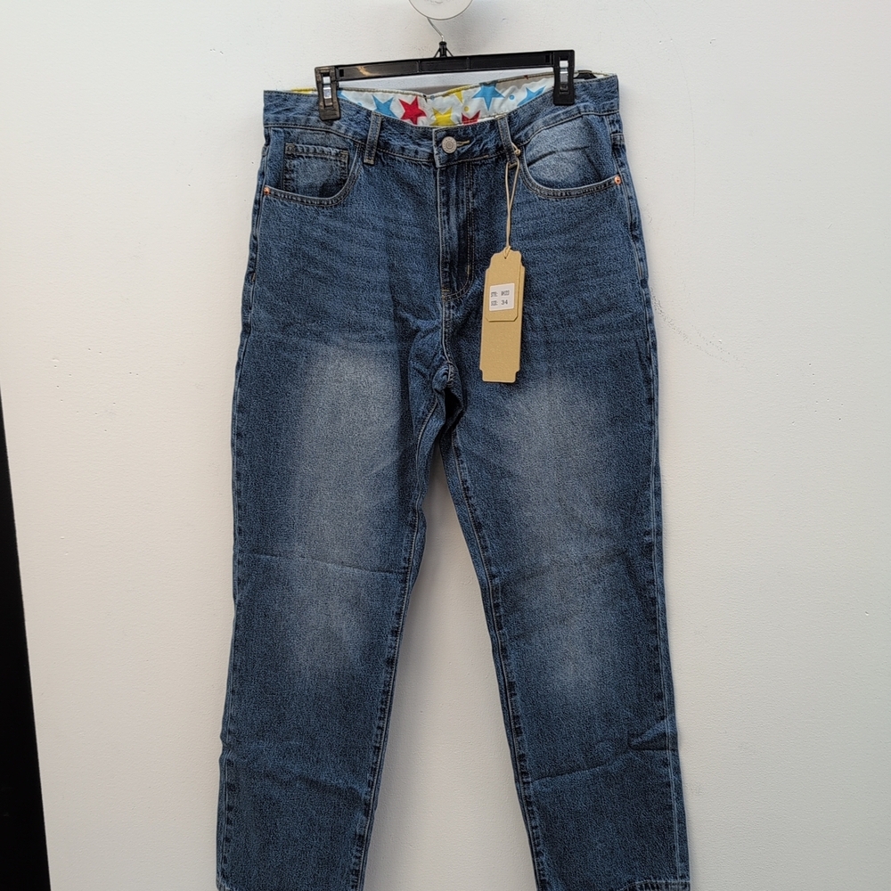 Mznburam Men's Non Stretch Regular Fit Straight Leg Denim Pants Jeans 34 Blue